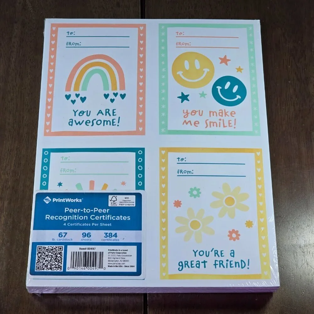 PrintWorks Multicolor Peer Recognition Cards, 8.5 x 11, 384 Cards, 96 Sheets